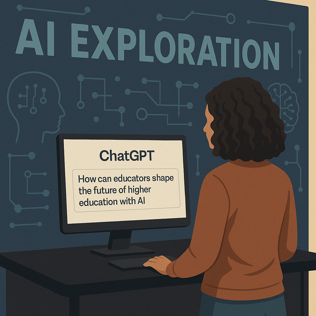 A cartoon illustration artificially created by ChatGPT depicting a woman using a desktop computer displaying the words "ChatGPT, How can educators shape the future of education with AI." The wall in front of her and the computer is decorated with the words "AI Exploration".