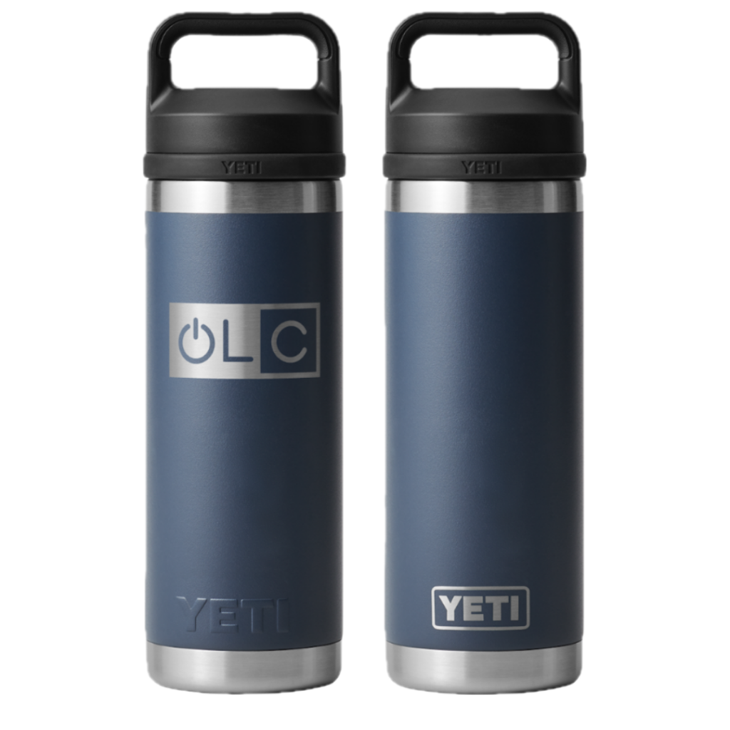 Front and back of a navy blue metal insulated Yeti-brand water bottle engraved with the OLC logo